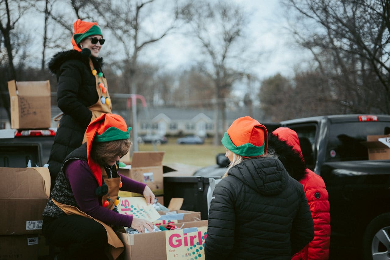 Holiday volunteers preparing to hand out donations to families